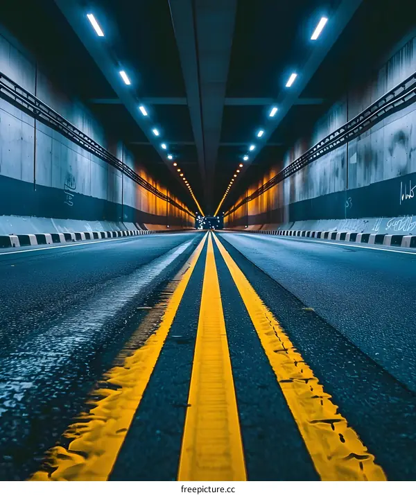 Dark Tunnel Road with Double Yellow Lines