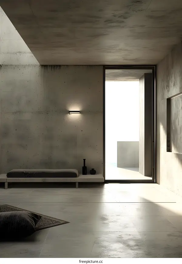 Minimalist Concrete Room With Wooden Bench And Light Fixture