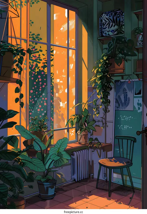Illustration of a Room with Large Windows and Many Plants