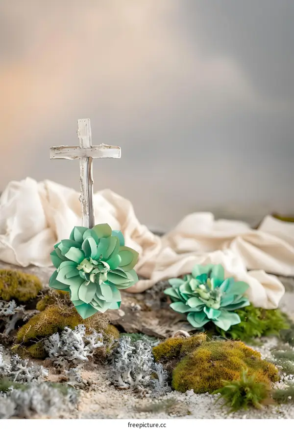 Wooden Cross with Green Flowers on a White Cloth