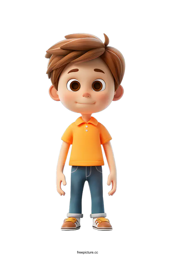 [Transparent Background PNG]Smiling Cartoon Boy With Brown Hair Wearing Orange Shirt and Blue Jeans