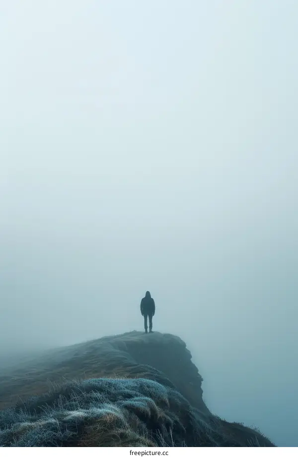 Man standing alone on a cliff shrouded in mist