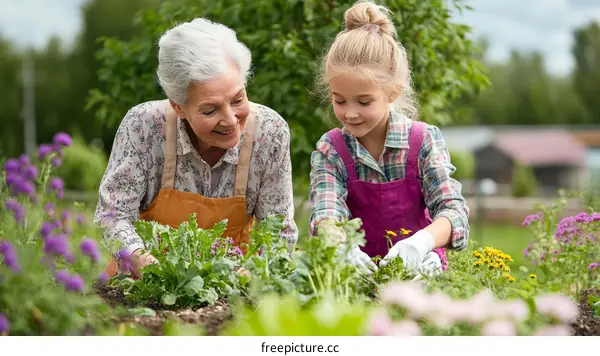 Grandmother and Granddaughter Gardening Together in the Garden