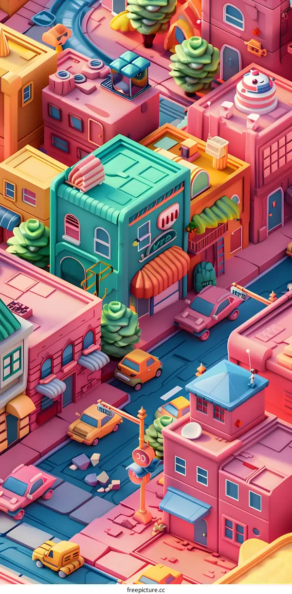Colorful 3D Illustration of a Cityscape with Buildings and Cars