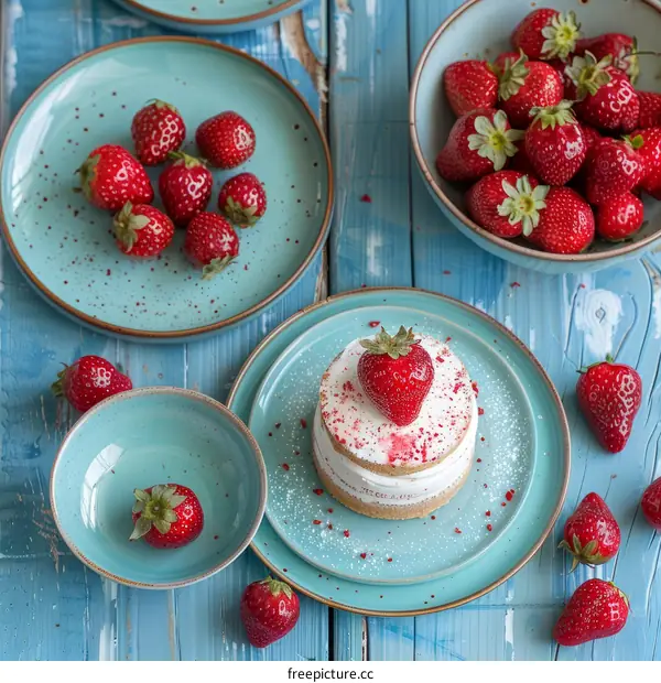 Delicious Cheesecake with Fresh Strawberries on Blue Background
