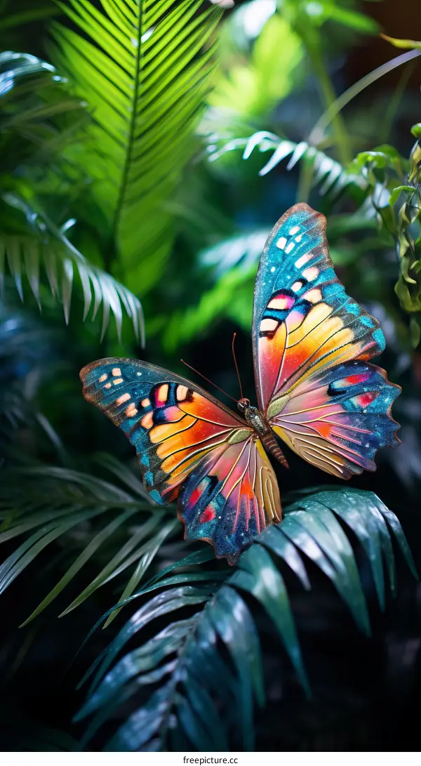 A Vivid Butterfly Perched on a Leafy Plant