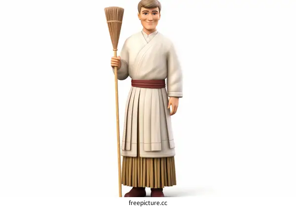 3D Illustration of a Man in Chinese Period Costume Holding a Broom