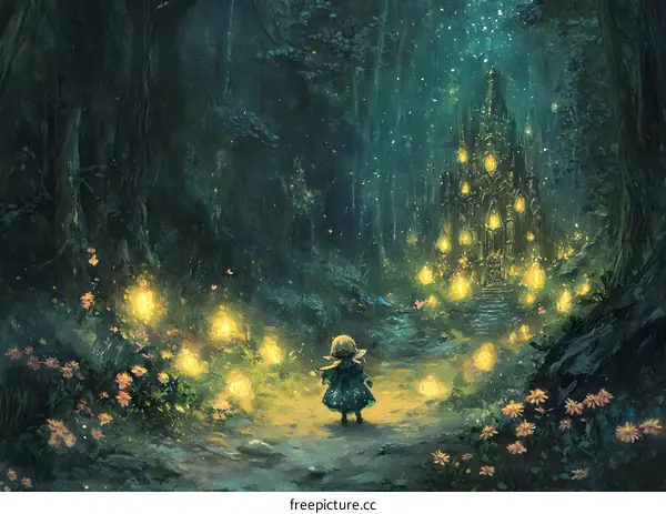 Little Girl Walking Towards a Luminous Castle in a Magical Forest