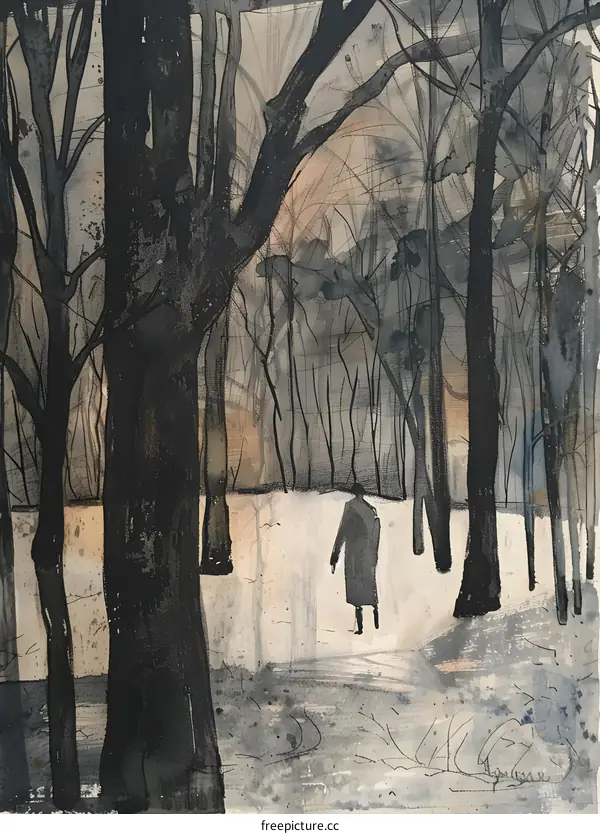 Person Walking Through a Forest Landscape Painting