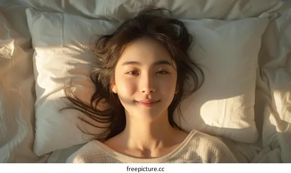 An Asian woman is lying on a bed and smiling at the camera.