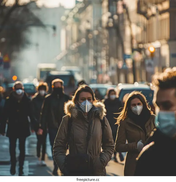 Crowded city street with people wearing surgical masks during coronavirus pandemic