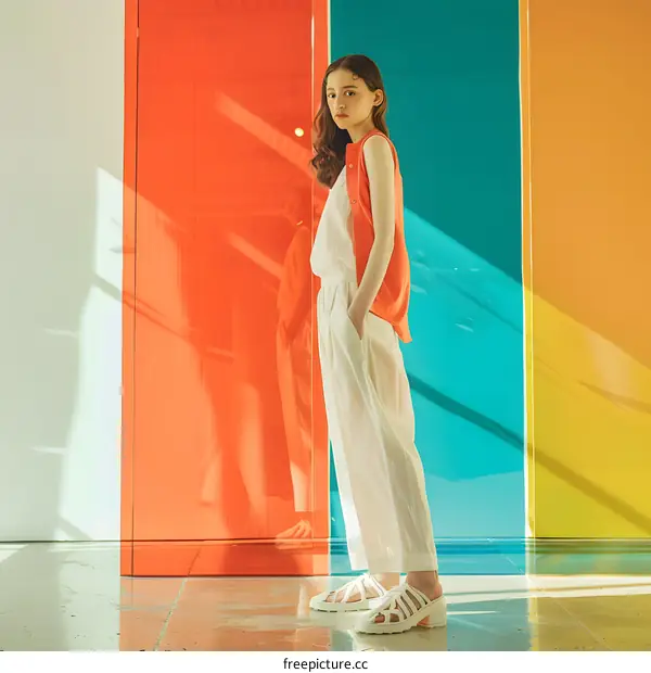 Fashion Model Posing Against Colorful Panels