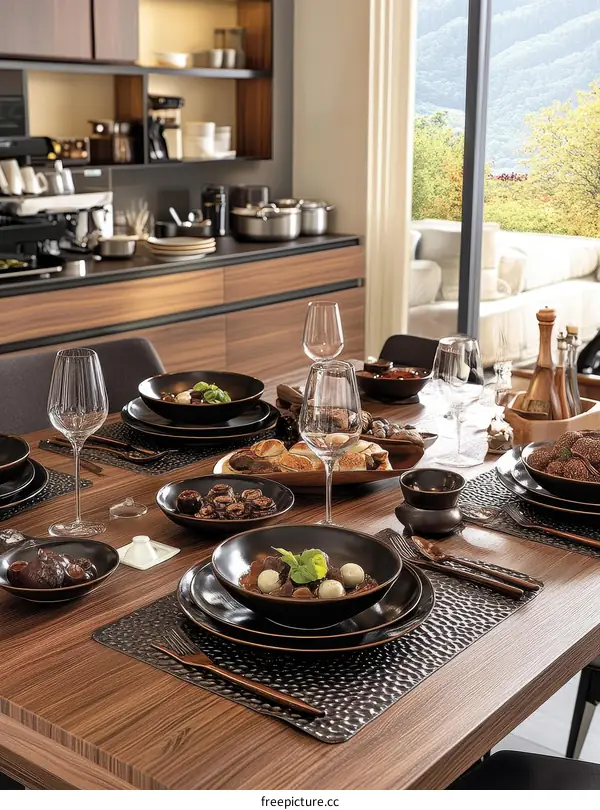 Modern Kitchen Dining Table Setting with Dark Dishes