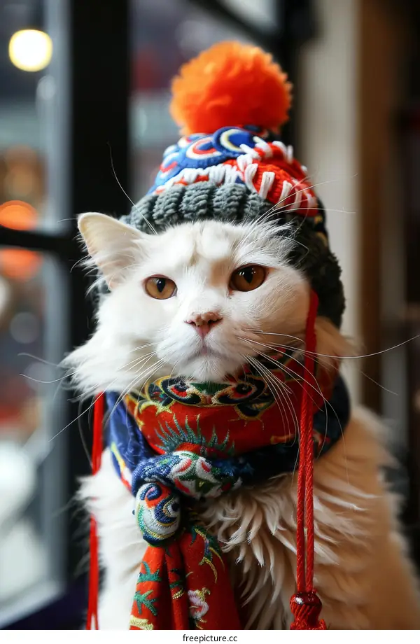 A white cat wearing a colorful hat and scarf