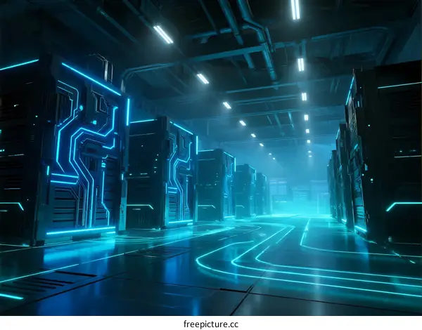 Modern Data Center with Illuminated Server Racks and Neon Lines