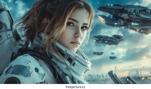 Futuristic Female Warrior Facing a Galactic Conflict