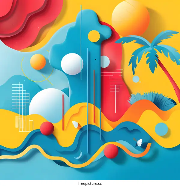 Abstract Paper Cut Art Illustration with Palm Tree and Geometric Shapes