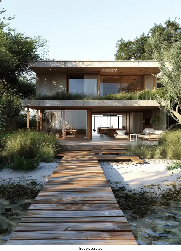 Modern beach house with a green roof and a wooden walkway leading up to it