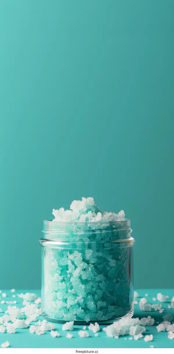 Natural Bath Salts in Glass Jar on Blue Background