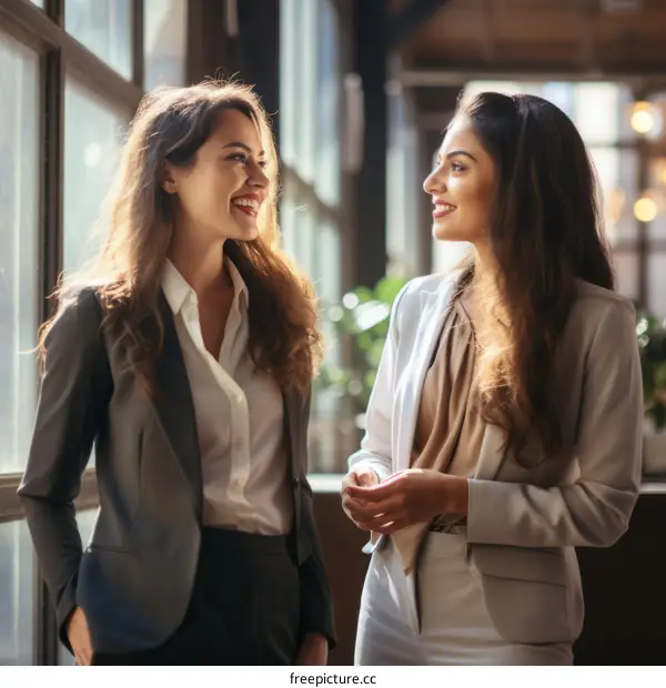 Two young businesswomen talking and smiling in an office
