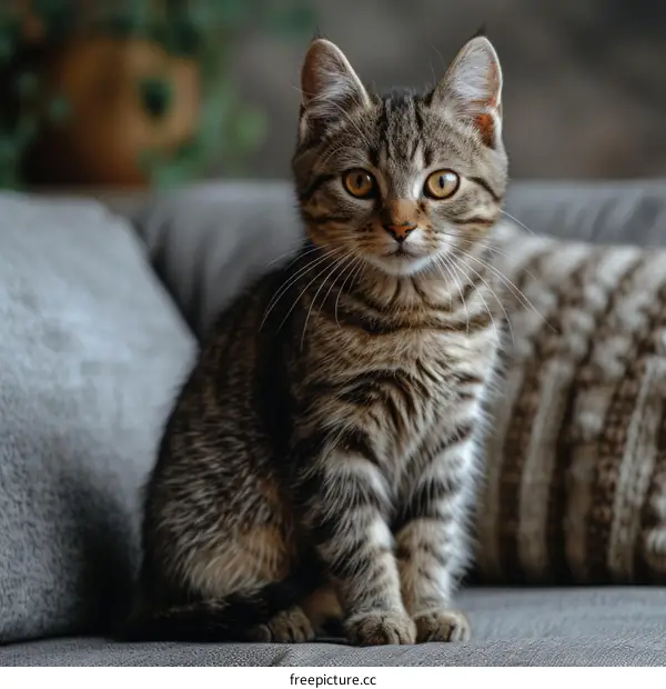 A cute tabby kitten sits on a gray couch and looks at the camera