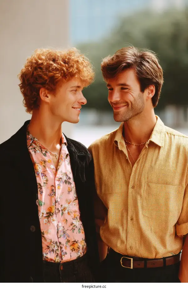 Two Men Wearing Stylish Floral Shirts Close Up Outdoor Portrait
