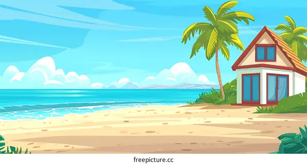 Tropical Beach House With Palm Trees And Ocean View