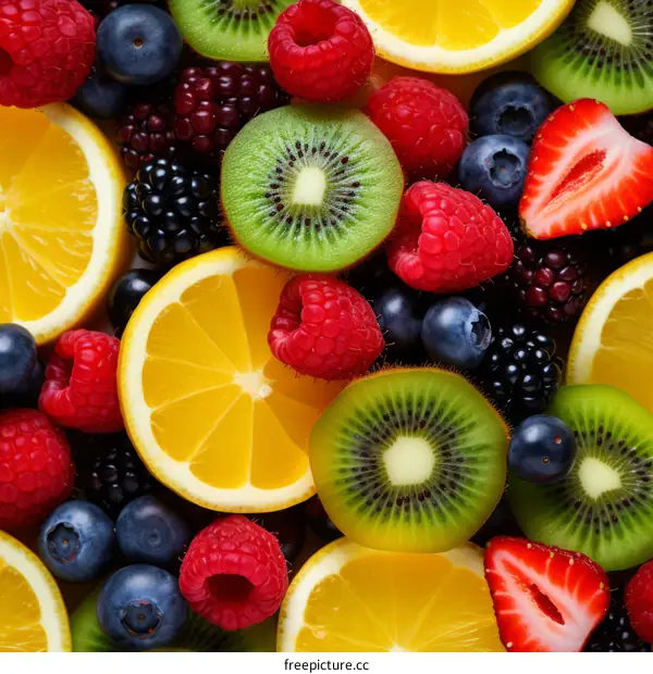 Colorful variety of fresh ripe organic citrus fruits and berries