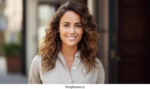 Portrait of a beautiful young woman smiling wearing a beige shirt