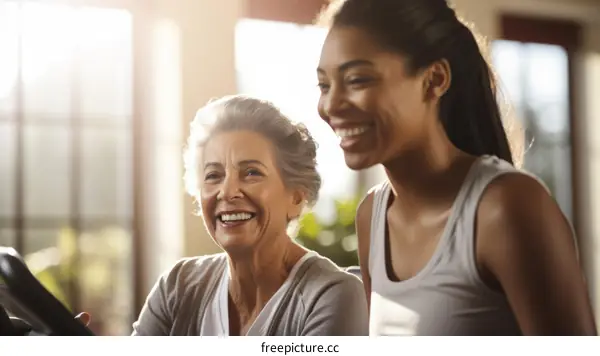 Smiling elderly woman exercising with assistance from a young woman