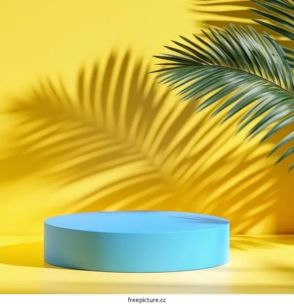 Pastel Blue Cylinder Display Podium with Palm Leaf Shadow