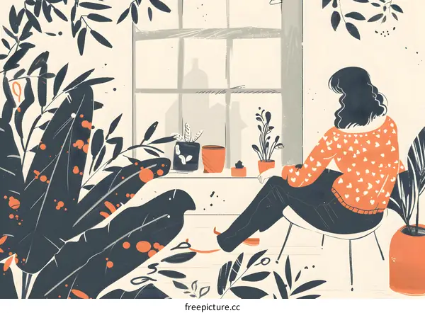 Woman Sitting by Window with Plants
