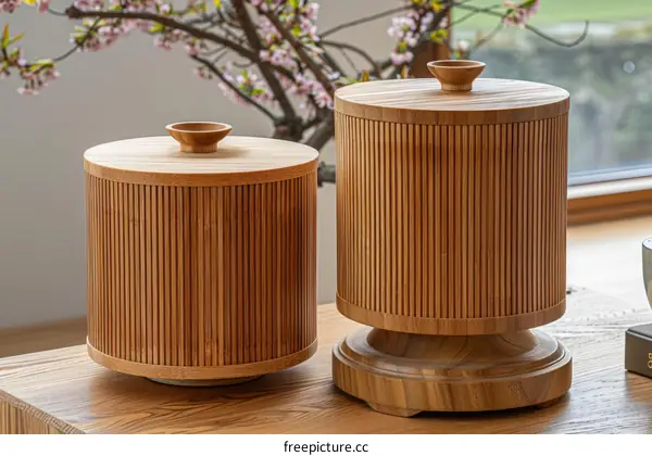 Two bamboo containers with lids