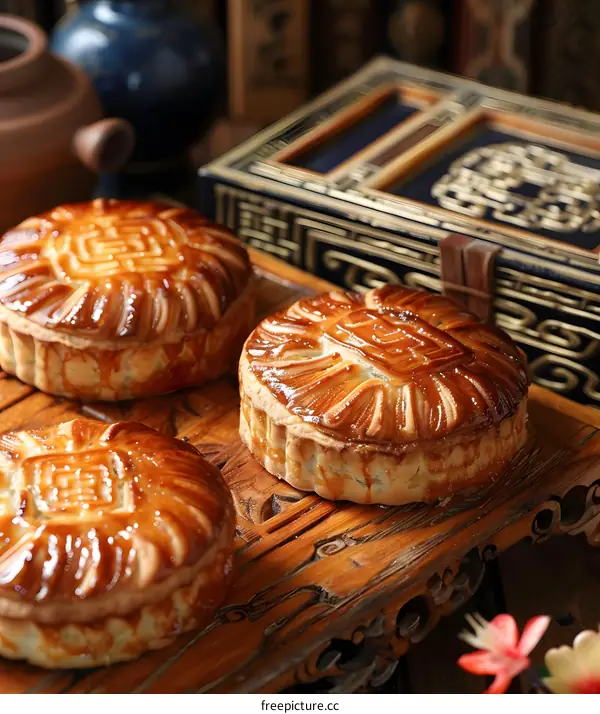 Close Up of Three Chinese Moon Cakes on Wooden Tray