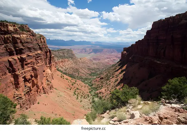Canyon Landscape With Red Rock Cliffs and a Blue Sky