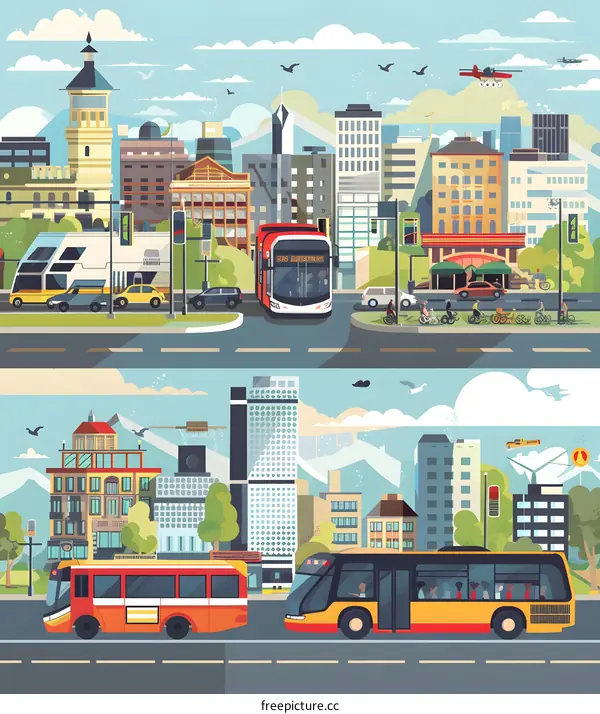 Modern Cityscape with Public Transportation and  Skyline