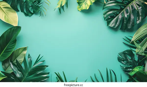 Green Tropical Leaves on a Turquoise Background