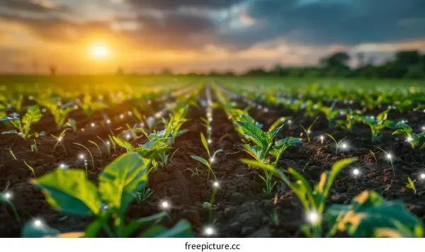 Field of young green plants in soil with sunset in background