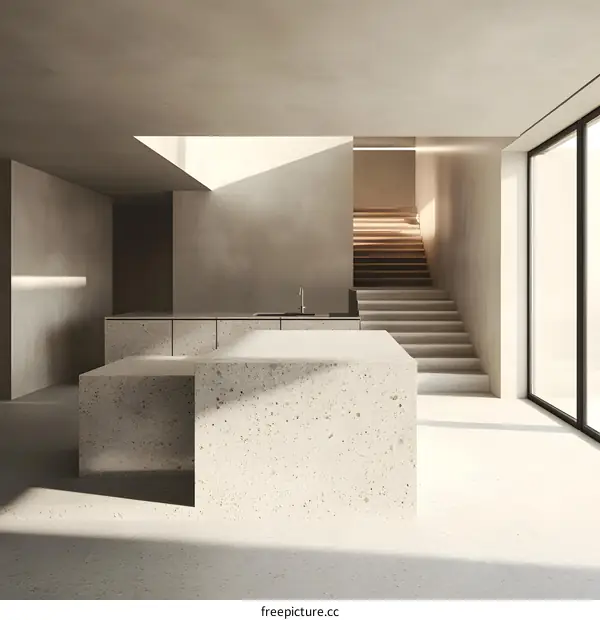 Modern Minimalist Kitchen Interior Design with Concrete Countertop and Wooden Stairs