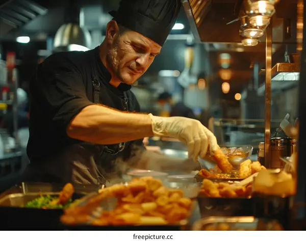 Chef carefully putting garnish on a plate
