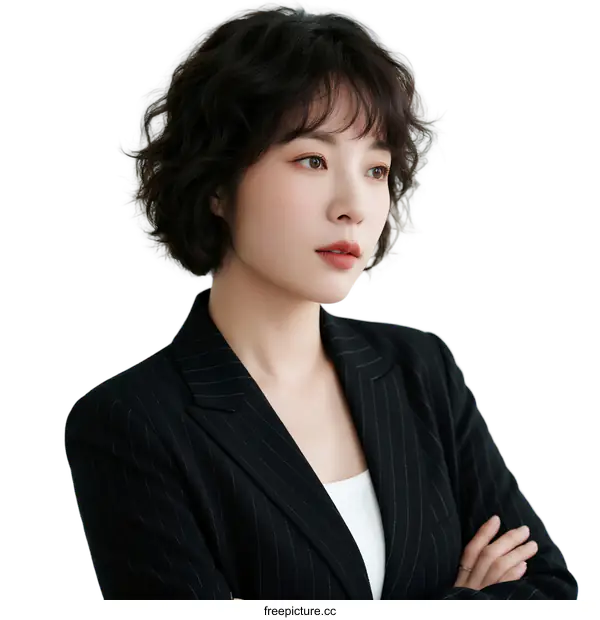 [Transparent Background PNG]Professional woman in a black pinstripe suit with arms crossed