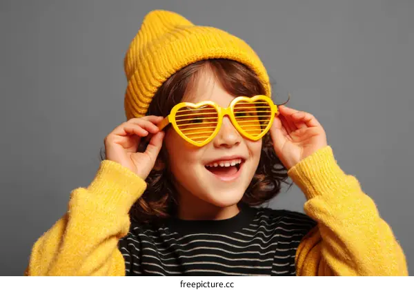 Child Wearing Heart-Shaped Sunglasses and Yellow Knitted Hat