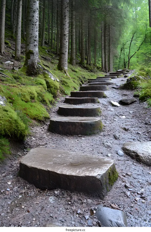 Forest Path with Stone Steps and Moss