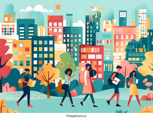 Urban Illustration with People Walking in City Park