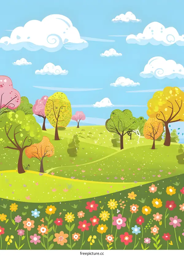 Spring Landscape With Colorful Flowers And Trees