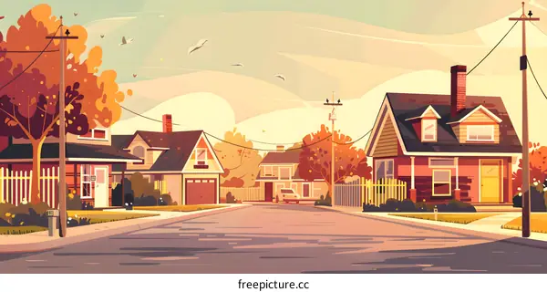 Autumn Street View with Houses and Trees