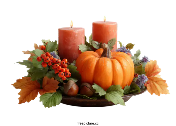 [Transparent Background PNG]Autumnal Arrangement with Pumpkins and Candles