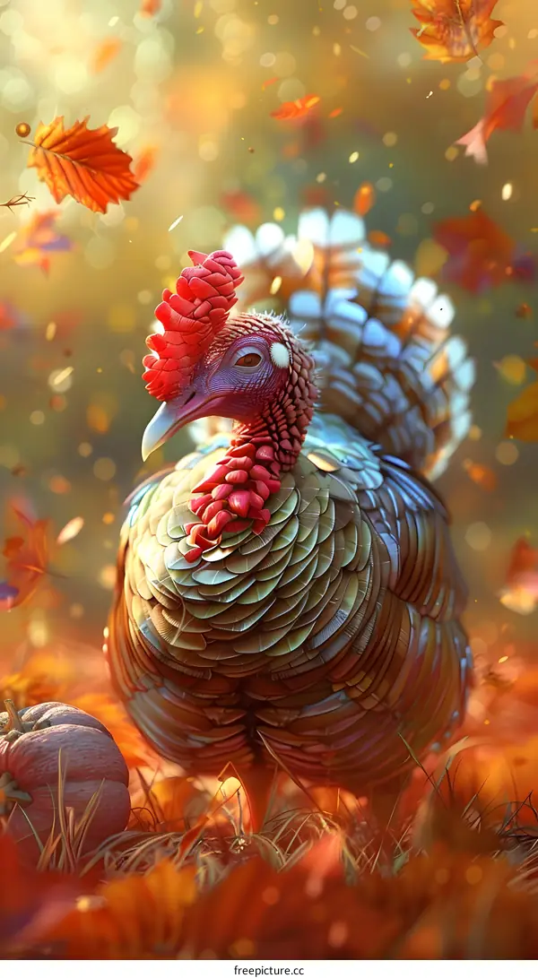 A majestic turkey stands in a field of fallen leaves.
