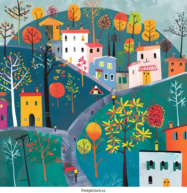 Colorful Autumn Village Illustration