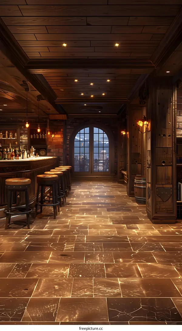 retro wood bar interior tavern stools perspective